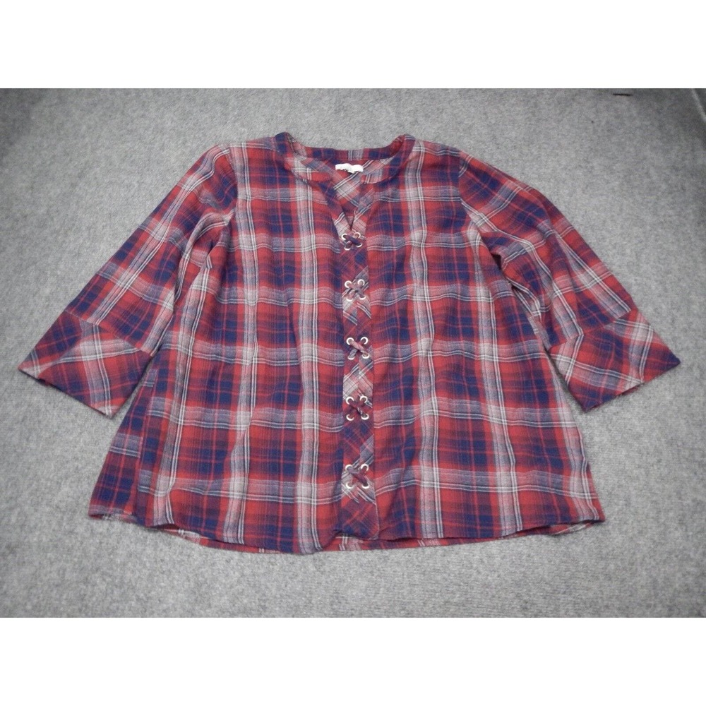 B Skies are Blue Blouse Plaid Flannel Red Blue Women's Size 2X 3/4 Sleeve V-Neck